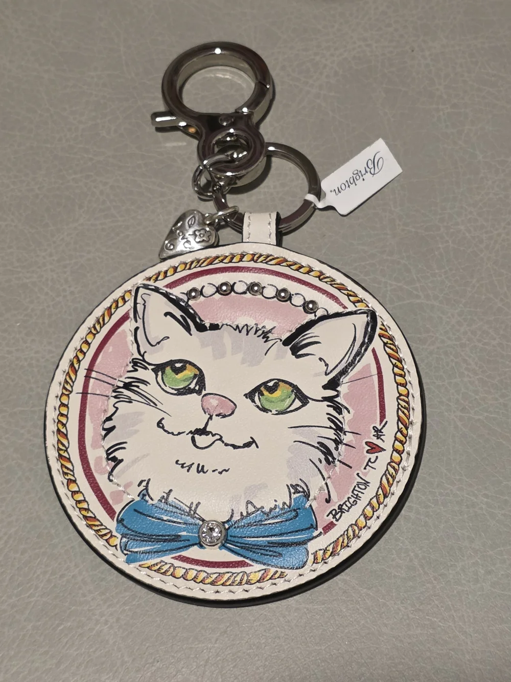 Brighton White Cat Kitty Keychain Pink Reversible Handbag Fob Key Chain NEW